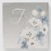 冬の水色フローラモノグラムパーソナライズされた ストーンコースター (正面)