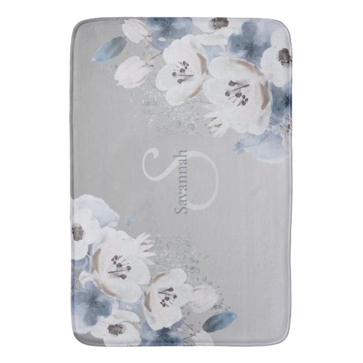 冬の水色フローラモノグラムパーソナライズされた バスマット (正面縦)