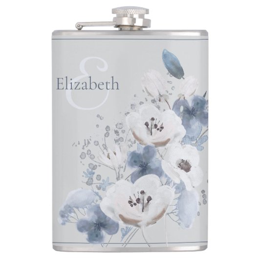 冬の水色フローラモノグラムパーソナライズされた フラスク (正面)