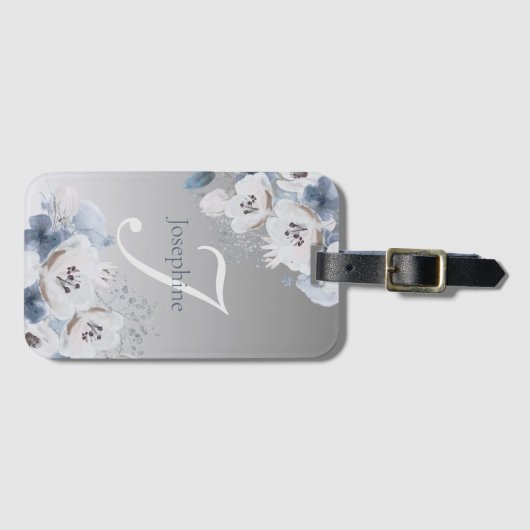 冬の水色フローラモノグラムパーソナライズされた ラゲッジタグ (正面横)
