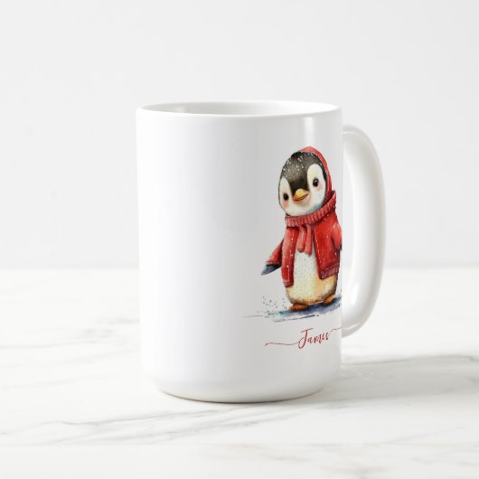 冬の水色ペンギンパーソナライズされたクリスマス コーヒーマグカップ (正面右)