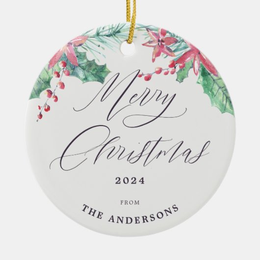 冬の水色植物写真撮影メリークリスマス セラミックオーナメント (正面)