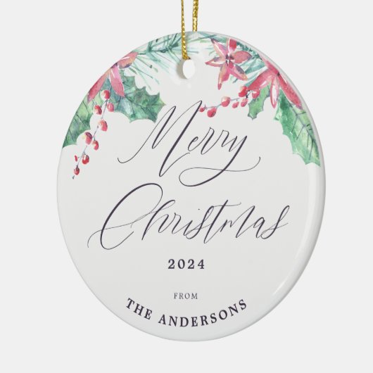冬の水色植物写真撮影メリークリスマス セラミックオーナメント (左)