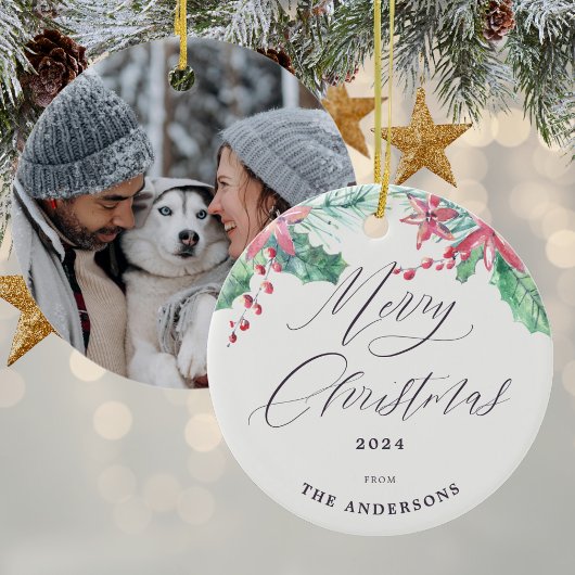 冬の水色植物写真撮影メリークリスマス セラミックオーナメント