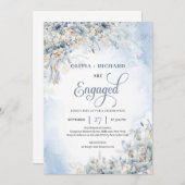 冬の氷のような青い花、白いバラ、緑の草花 招待状 (正面/裏面)