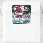 冬の池で氷のスケートで滑るを楽しむサンタクロース スクエアシール (バッグ)