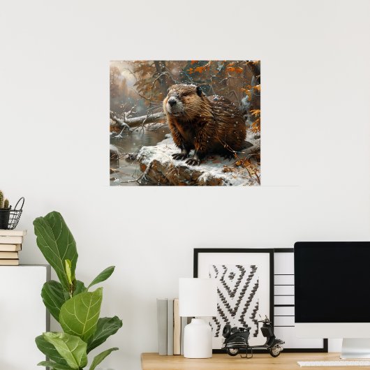 冬の油絵にかわいいビーバー ポスター (ホームオフィス)