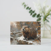 冬の油絵にかわいいビーバー ポストカード (スタンド正面)