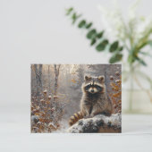 冬の油絵のかわいいタヌキ ポストカード (スタンド正面)