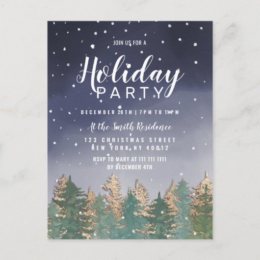冬の海軍の水の色の雪の木のホリデーパーティー インビテーションポストカード (正面)