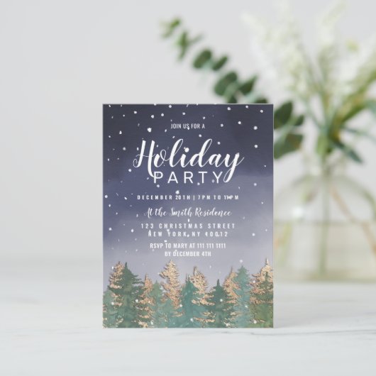 冬の海軍の水の色の雪の木のホリデーパーティー インビテーションポストカード (スタンド正面)