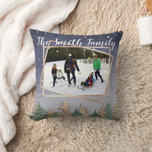 冬の海軍の水彩雪の木クリスマスフォト クッション (ブランケット)