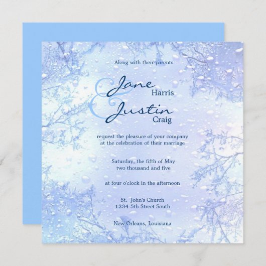 冬の淡青色のエレガントで霜の降りたな結婚式の招待 招待状 (正面/裏面)