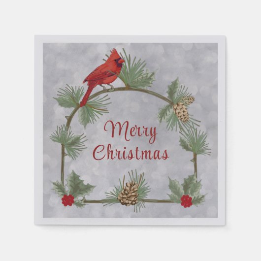 冬の深紅色とパインズペーパーナプキン スタンダードカクテルナプキン (正面)