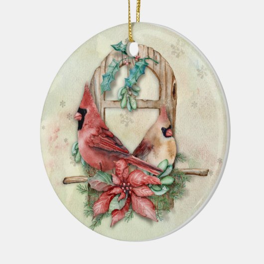 冬の深紅色はポインセチアとペア セラミックオーナメント (左)