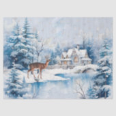 冬の湖の家の近くの森の雪の鹿 薄葉紙 (正面)