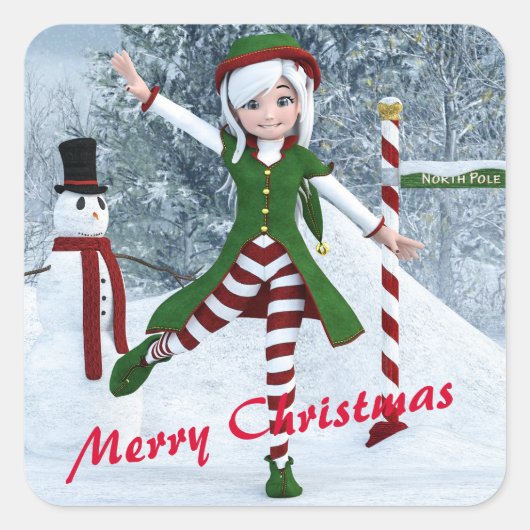 冬の漫画の中のクリスマス スクエアシール (正面)