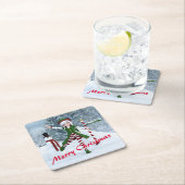 冬の漫画の中のクリスマス スクエアペーパーコースター (インサイチュ)