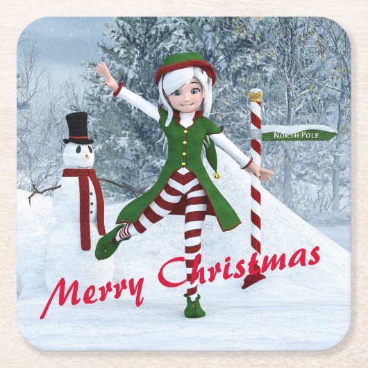 冬の漫画の中のクリスマス スクエアペーパーコースター (正面)