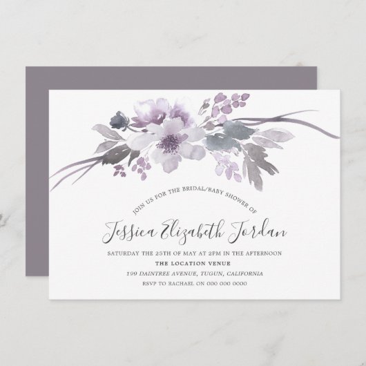 冬の灰色のフローラ水の色のブライダルベビーシャワー 招待状 (正面/裏面)