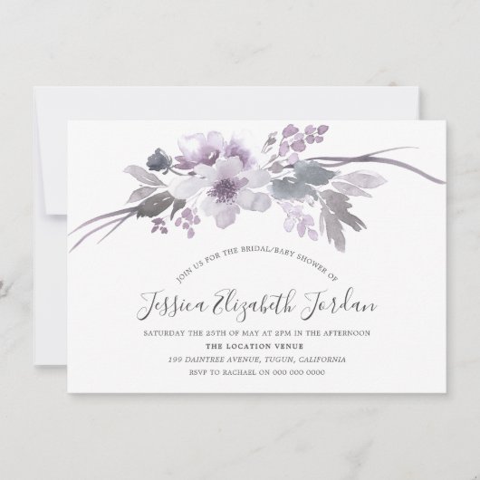 冬の灰色のフローラ水の色のブライダルベビーシャワー 招待状 (正面)