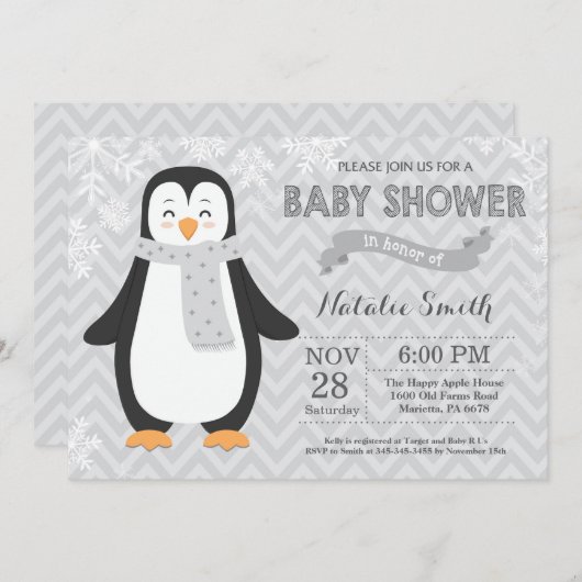 冬の灰色のペンギンのベビーシャワーの招待状 招待状 (正面/裏面)