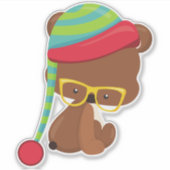 冬の熊，ヒップスターの熊，眼鏡を付けた熊，帽子 シール (正面)