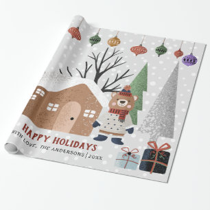 冬の熊、木々と家クリスマスの休日 ラッピングペーパー