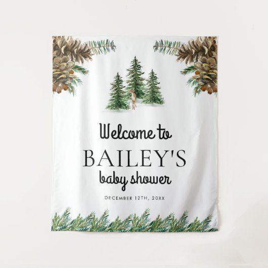冬の牧歌的なベビーシャワーのウェルカムサイン タペストリー (正面)