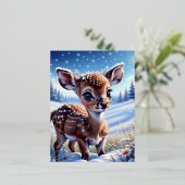 冬の牧草地にかわいい小さなベビー鹿、大きいr 箔シーズンポストカード (立ち正面)