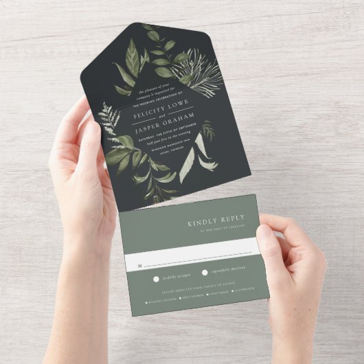 冬の牧草地の緑の植物体結婚枠 オールインワン招待状 (貼ってはがせる)