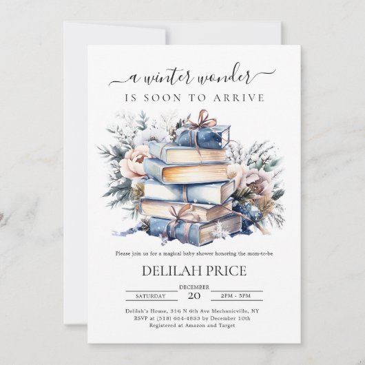冬の物語の本をテーマにした赤ちゃんシャワー 招待状 (正面)