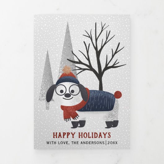 冬の犬と木のクリスマスフォト数々のー 三つ折りクリスマスカード (カバー)