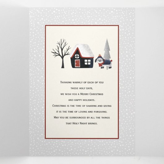 冬の犬と木のクリスマスフォト数々のー 三つ折りクリスマスカード (内部中)