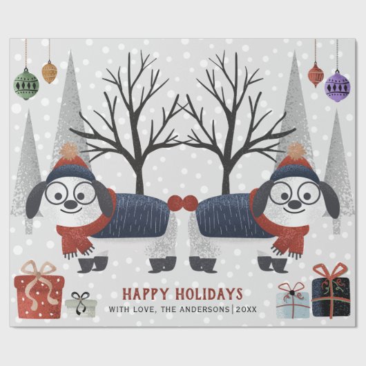 冬の犬と木の幸せな休日クリスマス ラッピングペーパー (フラット)