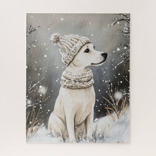 冬の犬のニット帽子 雪 ジグソーパズル (縦)