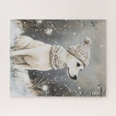 冬の犬のニット帽子 雪 ジグソーパズル (横)