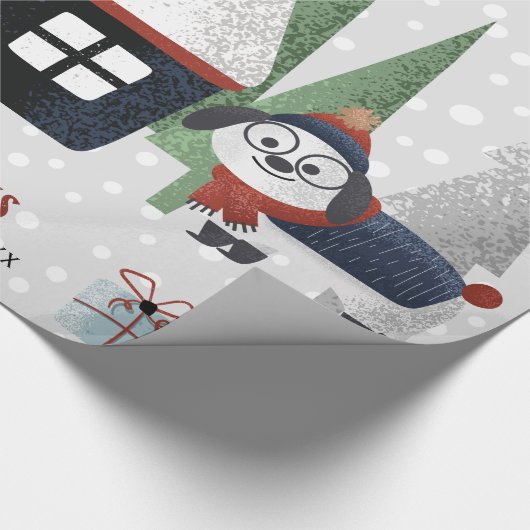 冬の犬、木々と家クリスマスの休日 ラッピングペーパー (角)