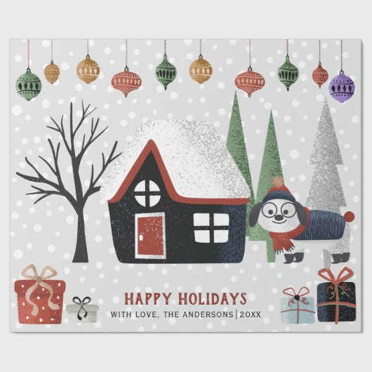 冬の犬、木々と家クリスマスの休日 ラッピングペーパー (フラット)