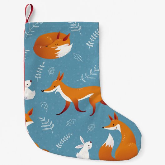 冬の狐、ウサギ、ヴィンテージ柄。 スモールクリスマスストッキング (正面)