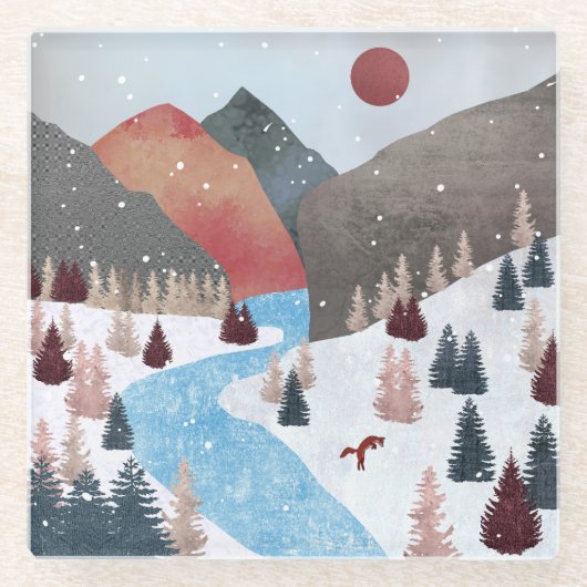 冬の狩りキツネ ガラスコースター (正面)