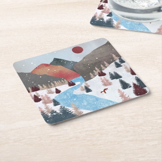 冬の狩りキツネ スクエアペーパーコースター (アングル)