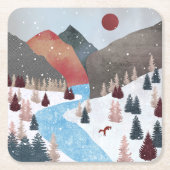冬の狩りキツネ スクエアペーパーコースター (正面)