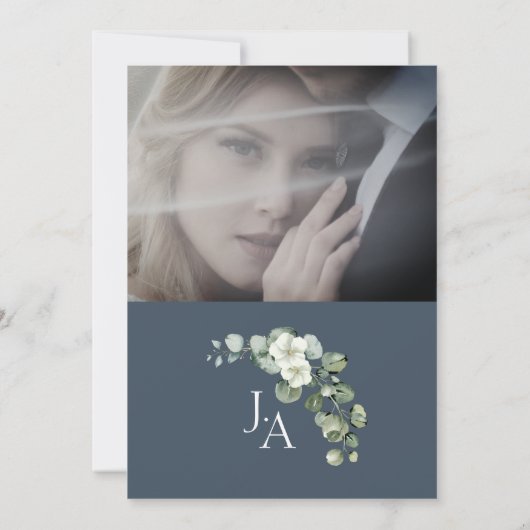 冬の王室のブルーユーカリ結婚写真 招待状 (裏面)