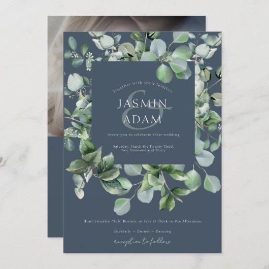 冬の王室のブルーユーカリ結婚写真 招待状 (正面/裏面)