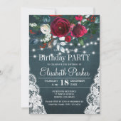 冬の田舎赤エレガント牡丹の誕生日パーティー 招待状 (正面)