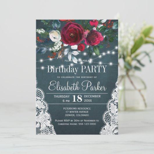 冬の田舎赤エレガント牡丹の誕生日パーティー 招待状 (スタンド正面)