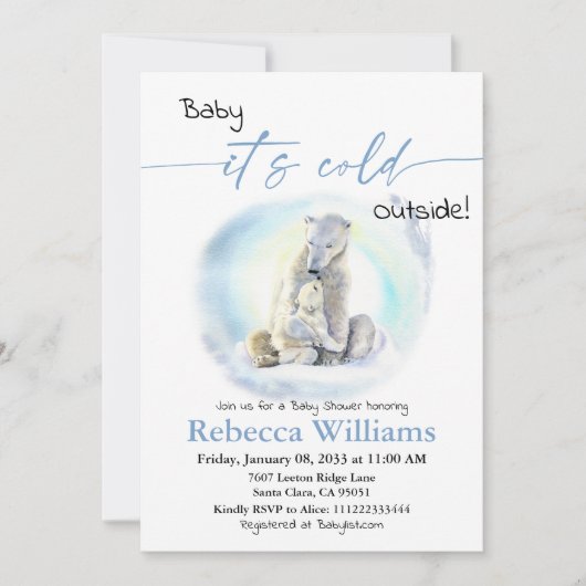 冬の男の子の赤ちゃんシャワー寒い外のホッキョクグマ 招待状 (正面)