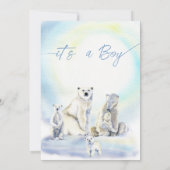 冬の男の子の赤ちゃんシャワー寒い外のホッキョクグマ 招待状 (裏面)