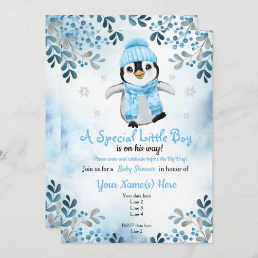 冬の男の子ペンギンのシャワー招待青雪 招待状 (正面/裏面)